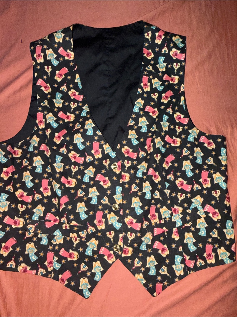 Black Women's Patterned Vest with Pink & Blue Motifs Christmas angels.